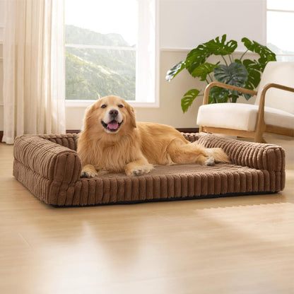 ComfyFleece™ Memory Foam Orthopedic Dog Beds Large Sized Dog 35" | Comfort Egg-Crate Foam Couch Sofa, Washable Corduroy Cover,Cozy Bolstor Waterproof Pet Bed with Sides,Non-Slip Bottom,Grey