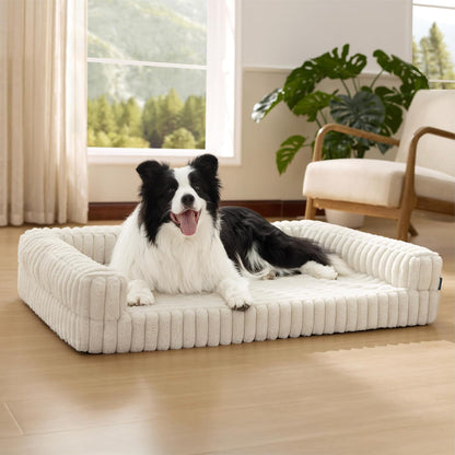 ComfyFleece™ Memory Foam Orthopedic Dog Beds Large Sized Dog 35" | Comfort Egg-Crate Foam Couch Sofa, Washable Corduroy Cover,Cozy Bolstor Waterproof Pet Bed with Sides,Non-Slip Bottom,Grey