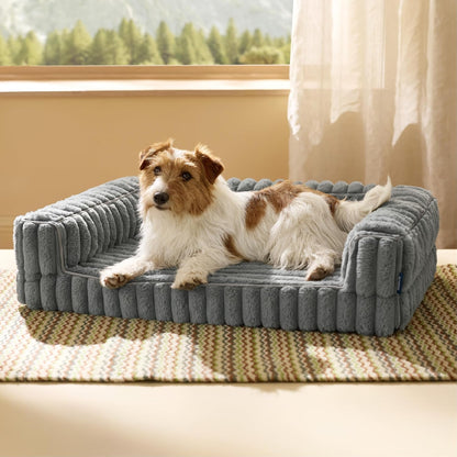 ComfyFleece™ Memory Foam Orthopedic Dog Beds Large Sized Dog 35" | Comfort Egg-Crate Foam Couch Sofa, Washable Corduroy Cover,Cozy Bolstor Waterproof Pet Bed with Sides,Non-Slip Bottom,Grey