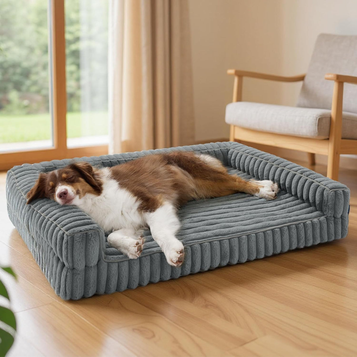 ComfyFleece™ Memory Foam Orthopedic Dog Beds Large Sized Dog 35" | Comfort Egg-Crate Foam Couch Sofa, Washable Corduroy Cover,Cozy Bolstor Waterproof Pet Bed with Sides,Non-Slip Bottom,Grey