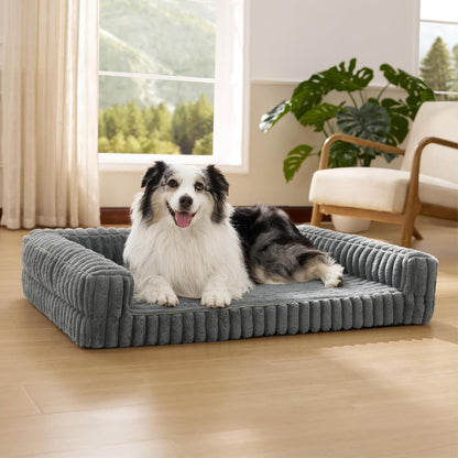 ComfyFleece™ Memory Foam Orthopedic Dog Beds Large Sized Dog 35" | Comfort Egg-Crate Foam Couch Sofa, Washable Corduroy Cover,Cozy Bolstor Waterproof Pet Bed with Sides,Non-Slip Bottom,Grey