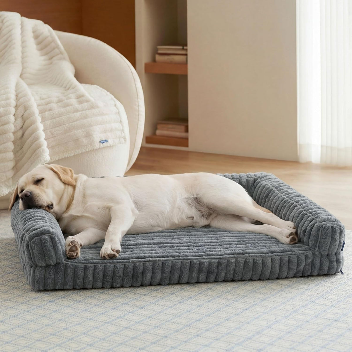 ComfyFleece™ Memory Foam Orthopedic Dog Beds Large Sized Dog 35" | Comfort Egg-Crate Foam Couch Sofa, Washable Corduroy Cover,Cozy Bolstor Waterproof Pet Bed with Sides,Non-Slip Bottom,Grey