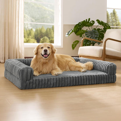 ComfyFleece™ Memory Foam Orthopedic Dog Beds Large Sized Dog 35" | Comfort Egg-Crate Foam Couch Sofa, Washable Corduroy Cover,Cozy Bolstor Waterproof Pet Bed with Sides,Non-Slip Bottom,Grey