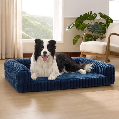 ComfyFleece™ Memory Foam Orthopedic Dog Beds Large Sized Dog 35" | Comfort Egg-Crate Foam Couch Sofa, Washable Corduroy Cover,Cozy Bolstor Waterproof Pet Bed with Sides,Non-Slip Bottom,Grey