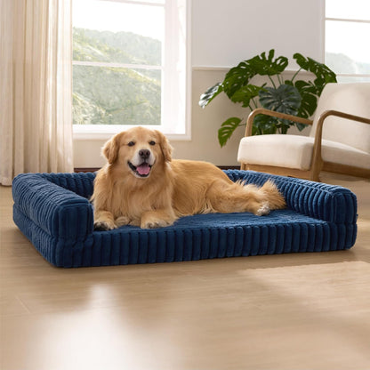 ComfyFleece™ Memory Foam Orthopedic Dog Beds Large Sized Dog 35" | Comfort Egg-Crate Foam Couch Sofa, Washable Corduroy Cover,Cozy Bolstor Waterproof Pet Bed with Sides,Non-Slip Bottom,Grey