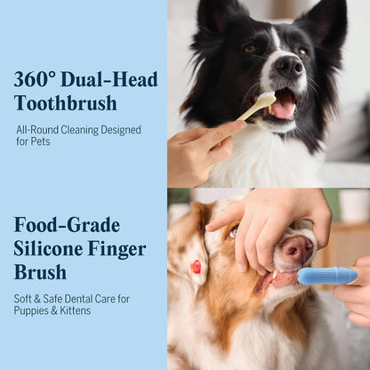 Flydog Fresh Kiss Nano-HAp Dog Tooth Brushing Kit, Vet Approved Remineralizing Formula for Dogs & Cats - Rebuild Enamel, Remove Tartar & Plaque, 360° Toothbrush & Silicone Finger Brush (Chicken)