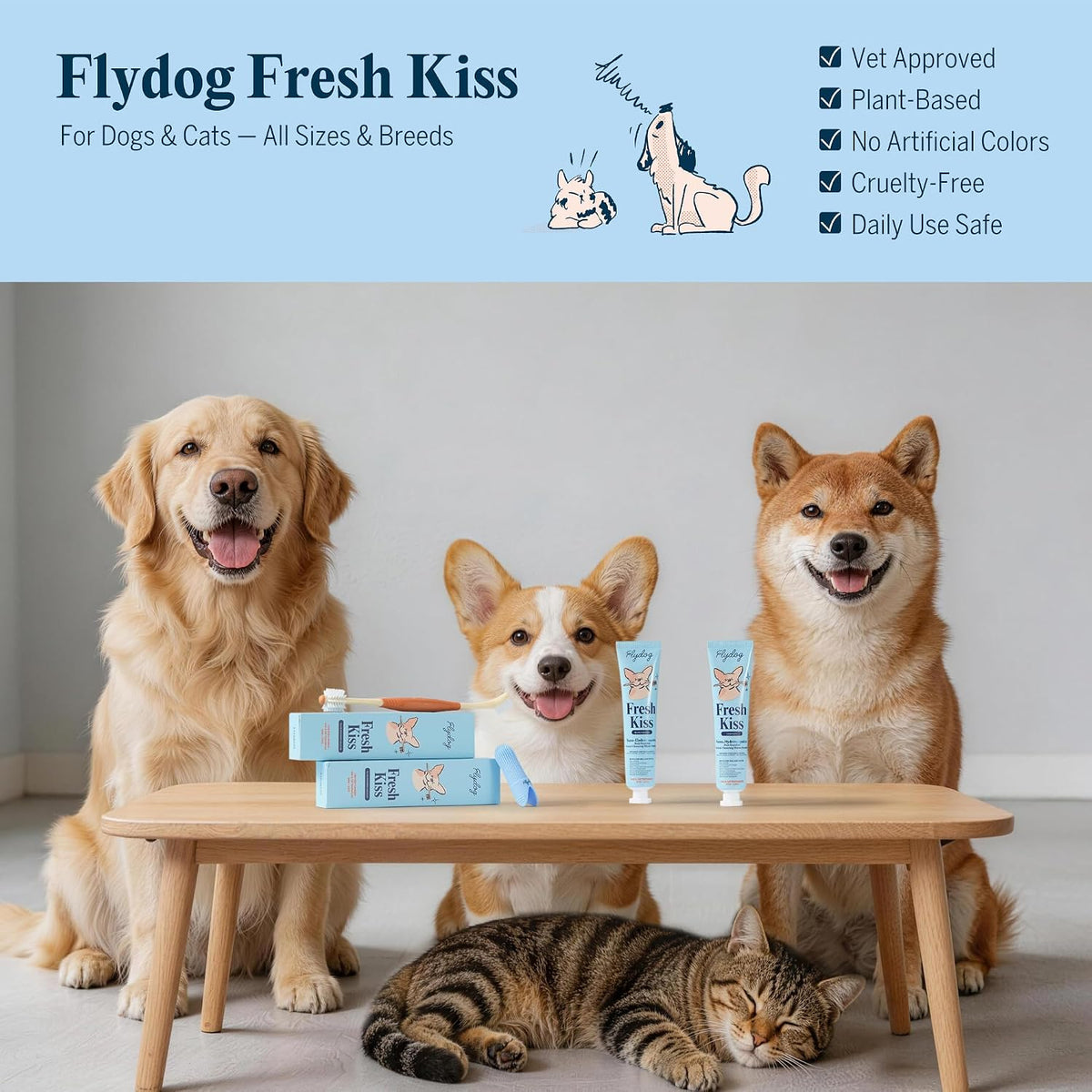 Flydog Fresh Kiss Nano-HAp Dog Tooth Brushing Kit, Vet Approved Remineralizing Formula for Dogs & Cats - Rebuild Enamel, Remove Tartar & Plaque, 360° Toothbrush & Silicone Finger Brush (Chicken)