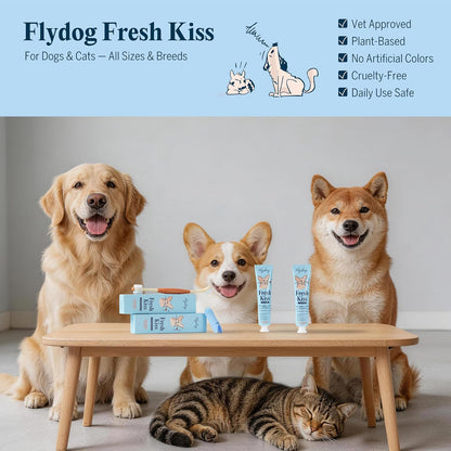 Flydog Fresh Kiss Nano-HAp Dog Tooth Brushing Kit, Vet Approved Remineralizing Formula for Dogs & Cats - Rebuild Enamel, Remove Tartar & Plaque, 360° Toothbrush & Silicone Finger Brush (Chicken)