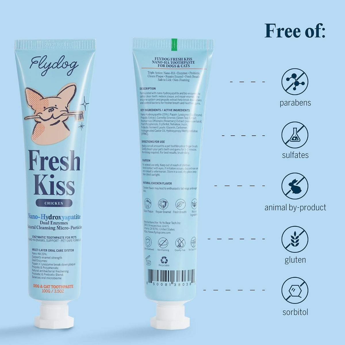 Flydog Fresh Kiss Nano-HAp Dog Tooth Brushing Kit, Vet Approved Remineralizing Formula for Dogs & Cats - Rebuild Enamel, Remove Tartar & Plaque, 360° Toothbrush & Silicone Finger Brush (Chicken)