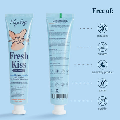 Flydog Fresh Kiss Nano-HAp Dog Tooth Brushing Kit, Vet Approved Remineralizing Formula for Dogs & Cats - Rebuild Enamel, Remove Tartar & Plaque, 360° Toothbrush & Silicone Finger Brush (Chicken)