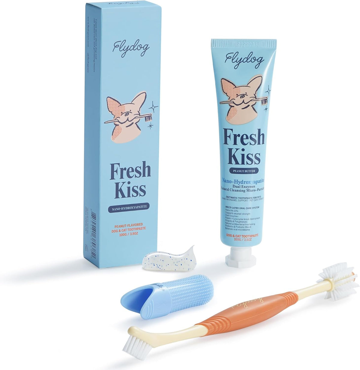 Flydog Fresh Kiss Nano-HAp Dog Tooth Brushing Kit, Vet Approved Remineralizing Formula for Dogs & Cats - Rebuild Enamel, Remove Tartar & Plaque, 360° Toothbrush & Silicone Finger Brush (Chicken)