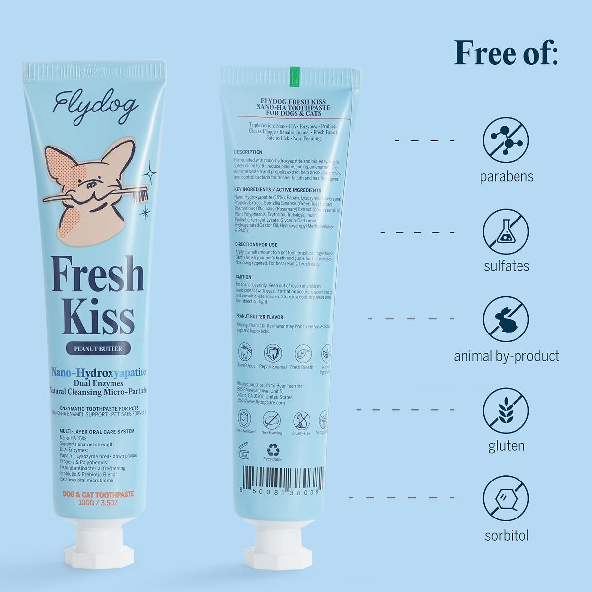 Flydog Fresh Kiss Nano-HAp Dog Tooth Brushing Kit, Vet Approved Remineralizing Formula for Dogs & Cats - Rebuild Enamel, Remove Tartar & Plaque, 360° Toothbrush & Silicone Finger Brush (Chicken)