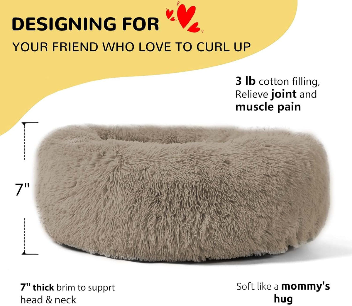 Calming Donut Cuddler Dog Bed, Round Fluffy Pet Bed with Sewn-in Cushion for Large Dogs,Washable, Large, Taupe, 30''
