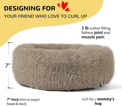 Calming Donut Cuddler Dog Bed, Round Fluffy Pet Bed with Sewn-in Cushion for Large Dogs,Washable, Large, Taupe, 30''