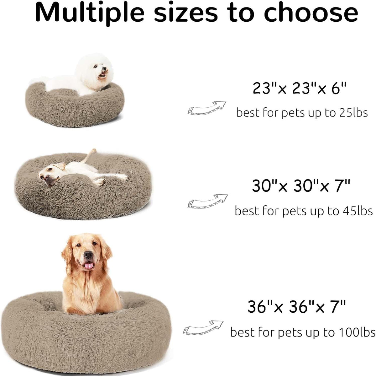 Calming Donut Cuddler Dog Bed, Round Fluffy Pet Bed with Sewn-in Cushion for Large Dogs,Washable, Large, Taupe, 30''