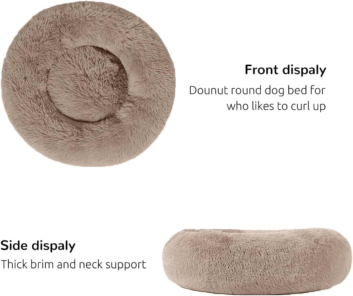 Calming Donut Cuddler Dog Bed, Round Fluffy Pet Bed with Sewn-in Cushion for Large Dogs,Washable, Large, Taupe, 30''