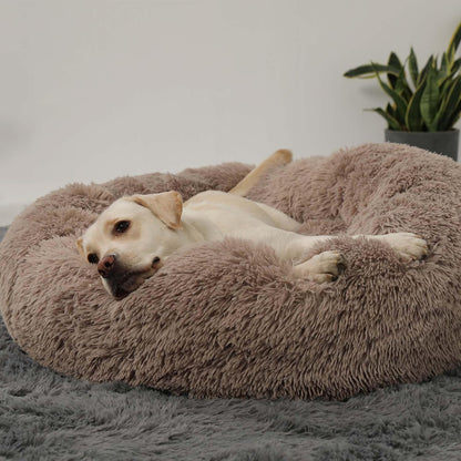 Calming Donut Cuddler Dog Bed, Round Fluffy Pet Bed with Sewn-in Cushion for Large Dogs,Washable, Large, Taupe, 30''