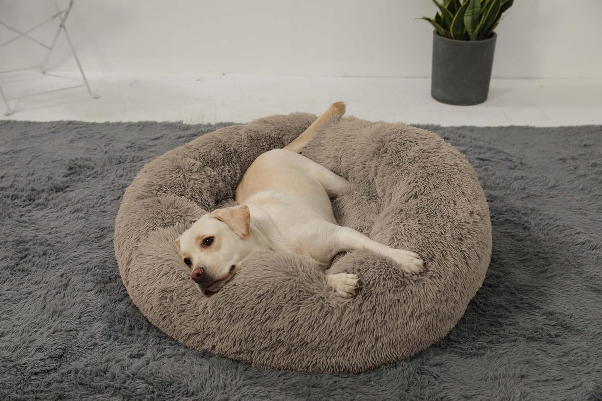 Calming Donut Cuddler Dog Bed, Round Fluffy Pet Bed with Sewn-in Cushion for Large Dogs,Washable, Large, Taupe, 30''