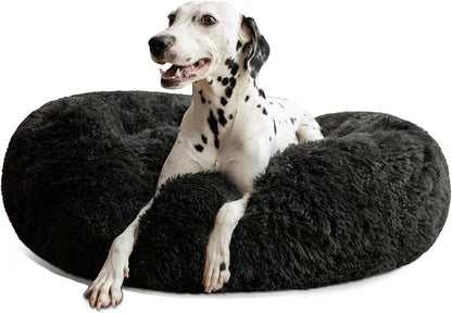 Calming Donut Cuddler Dog Bed, Round Fluffy Pet Bed with Sewn-in Cushion for Large Dogs,Washable, Large, Taupe, 30''