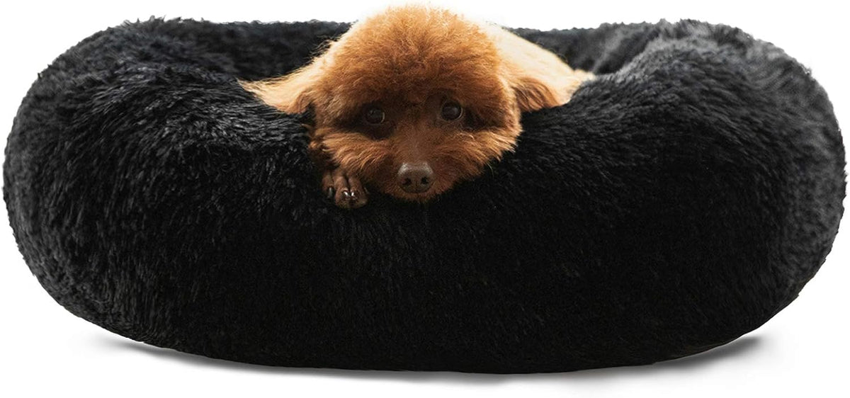 Calming Donut Cuddler Dog Bed, Round Fluffy Pet Bed with Sewn-in Cushion for Large Dogs,Washable, Large, Taupe, 30''