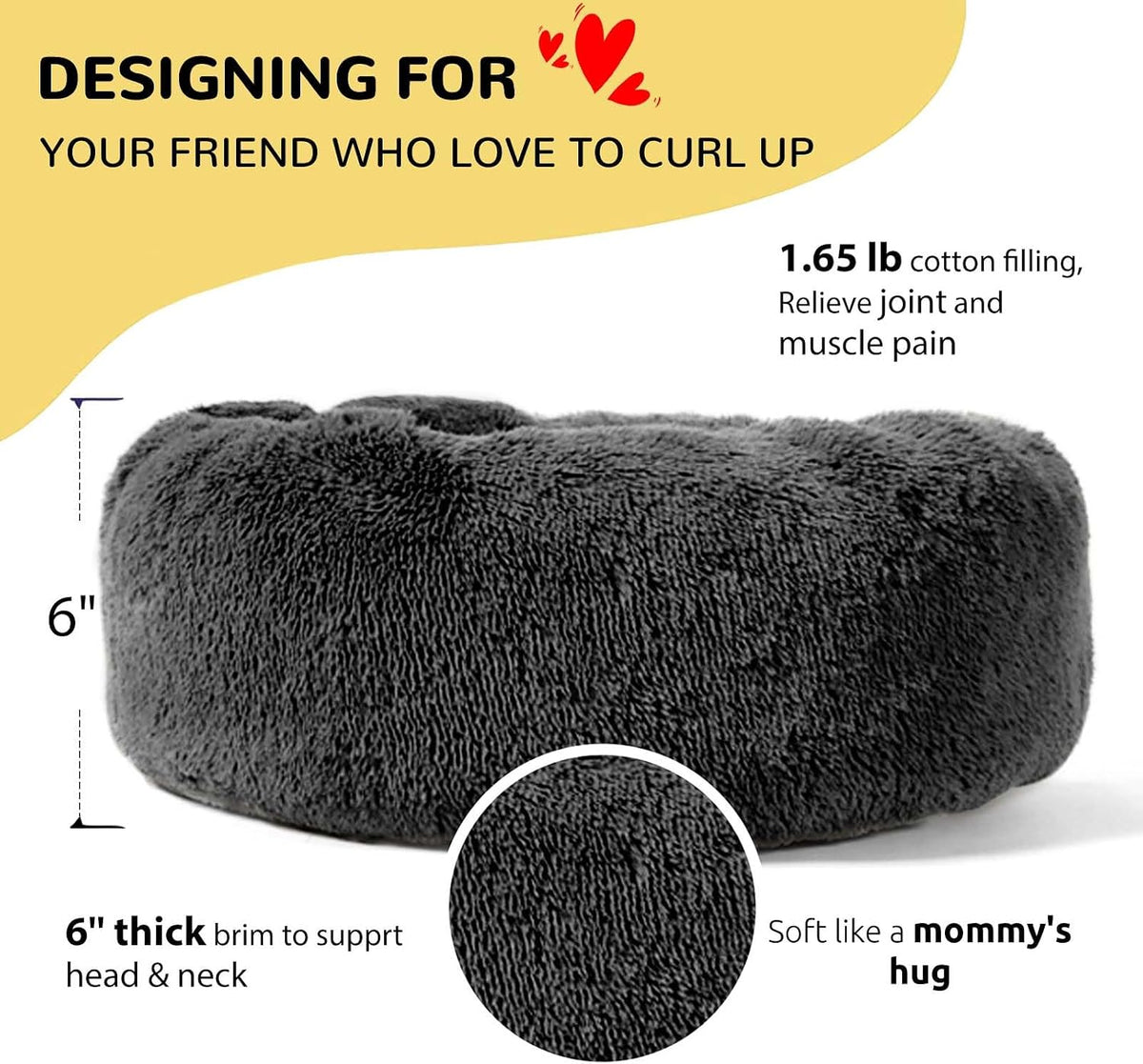 Calming Donut Cuddler Dog Bed, Round Fluffy Pet Bed with Sewn-in Cushion for Large Dogs,Washable, Large, Taupe, 30''