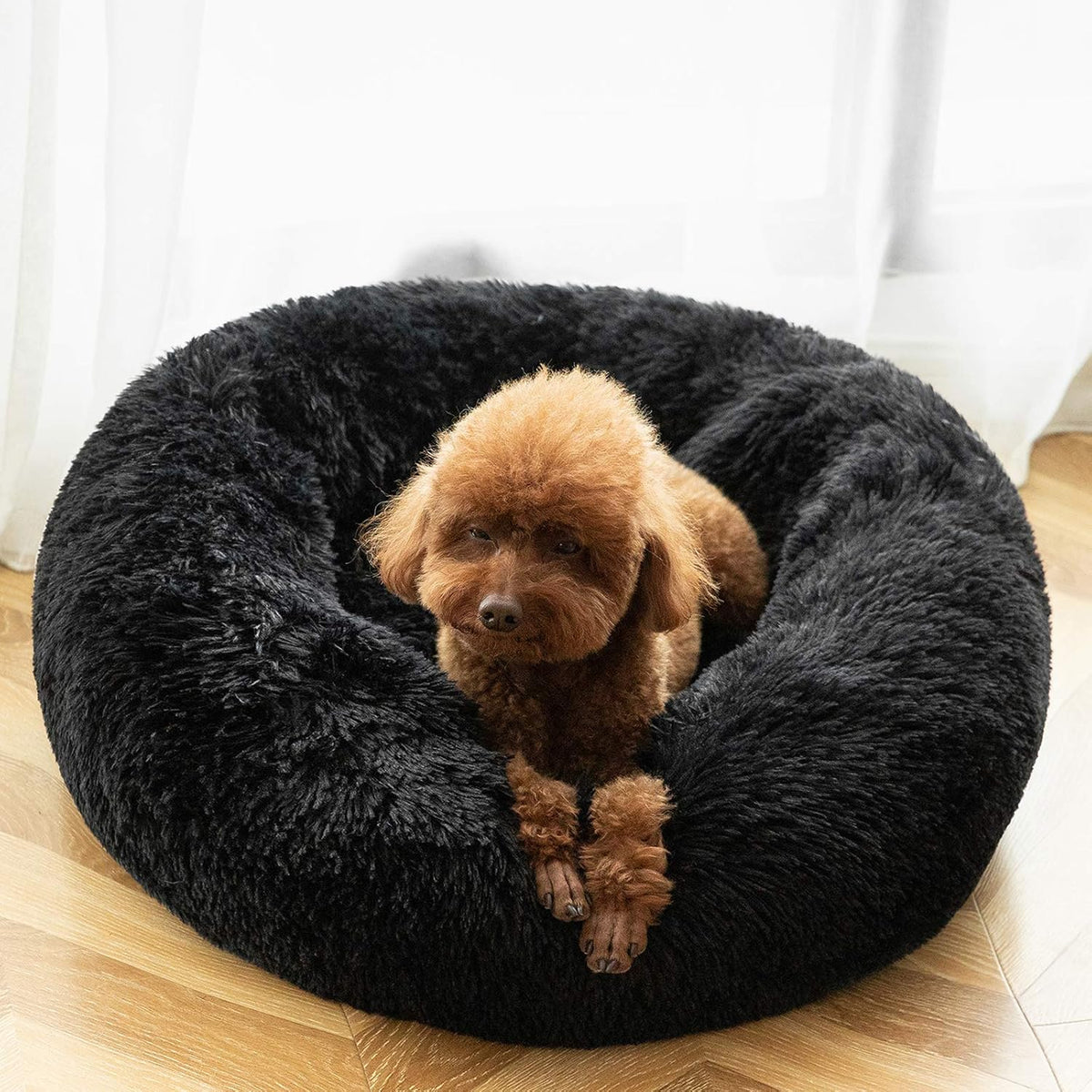 Calming Donut Cuddler Dog Bed, Round Fluffy Pet Bed with Sewn-in Cushion for Large Dogs,Washable, Large, Taupe, 30''