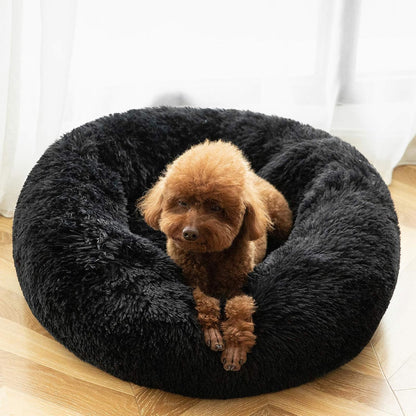 Calming Donut Cuddler Dog Bed, Round Fluffy Pet Bed with Sewn-in Cushion for Large Dogs,Washable, Large, Taupe, 30''