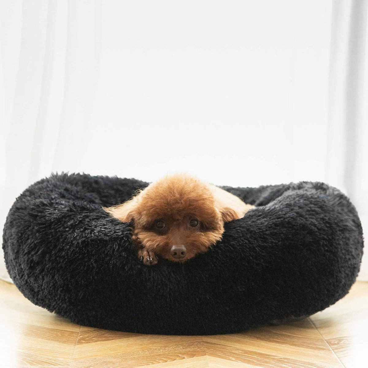 Calming Donut Cuddler Dog Bed, Round Fluffy Pet Bed with Sewn-in Cushion for Large Dogs,Washable, Large, Taupe, 30''