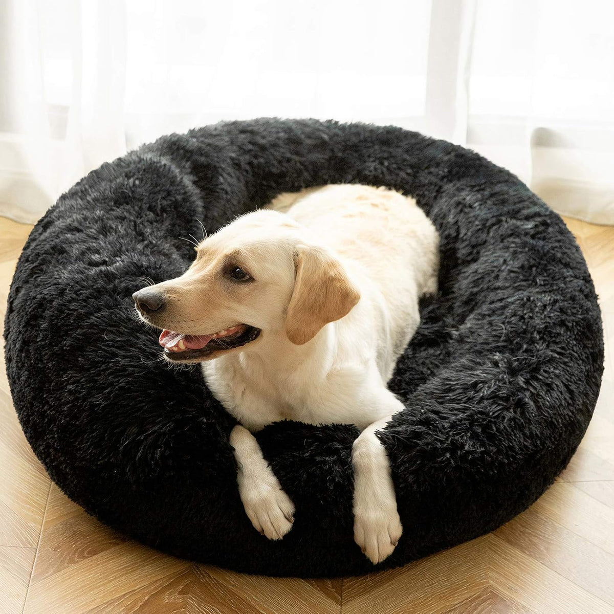 Calming Donut Cuddler Dog Bed, Round Fluffy Pet Bed with Sewn-in Cushion for Large Dogs,Washable, Large, Taupe, 30''