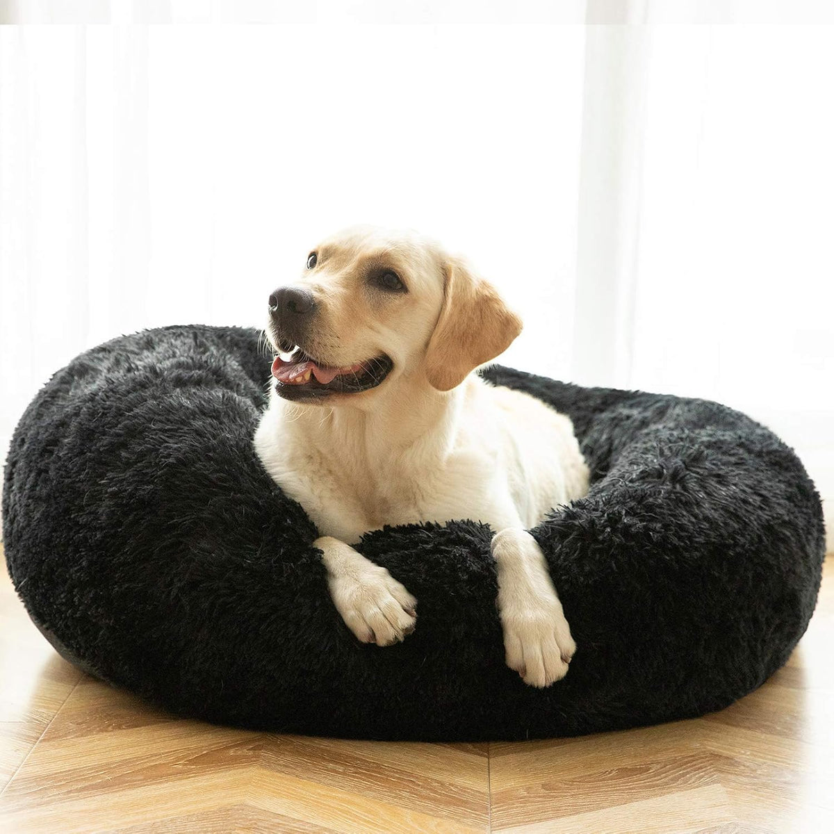 Calming Donut Cuddler Dog Bed, Round Fluffy Pet Bed with Sewn-in Cushion for Large Dogs,Washable, Large, Taupe, 30''