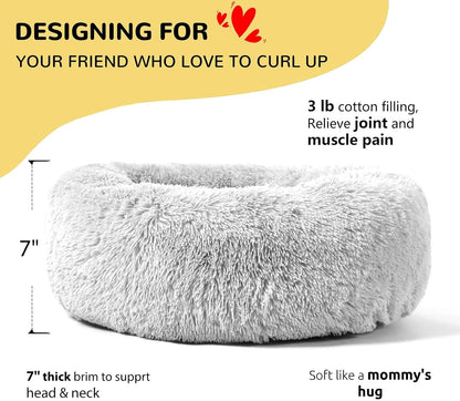 Calming Donut Cuddler Dog Bed, Round Fluffy Pet Bed with Sewn-in Cushion for Large Dogs,Washable, Large, Taupe, 30''