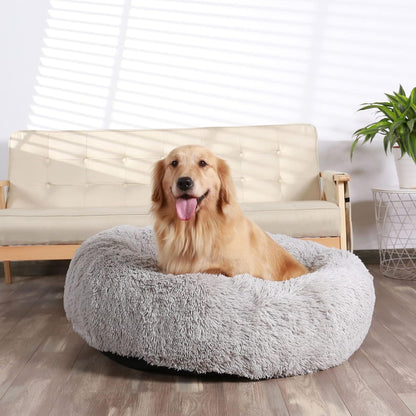 Calming Donut Cuddler Dog Bed, Round Fluffy Pet Bed with Sewn-in Cushion for Large Dogs,Washable, Large, Taupe, 30''