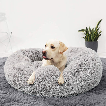 Calming Donut Cuddler Dog Bed, Round Fluffy Pet Bed with Sewn-in Cushion for Large Dogs,Washable, Large, Taupe, 30''
