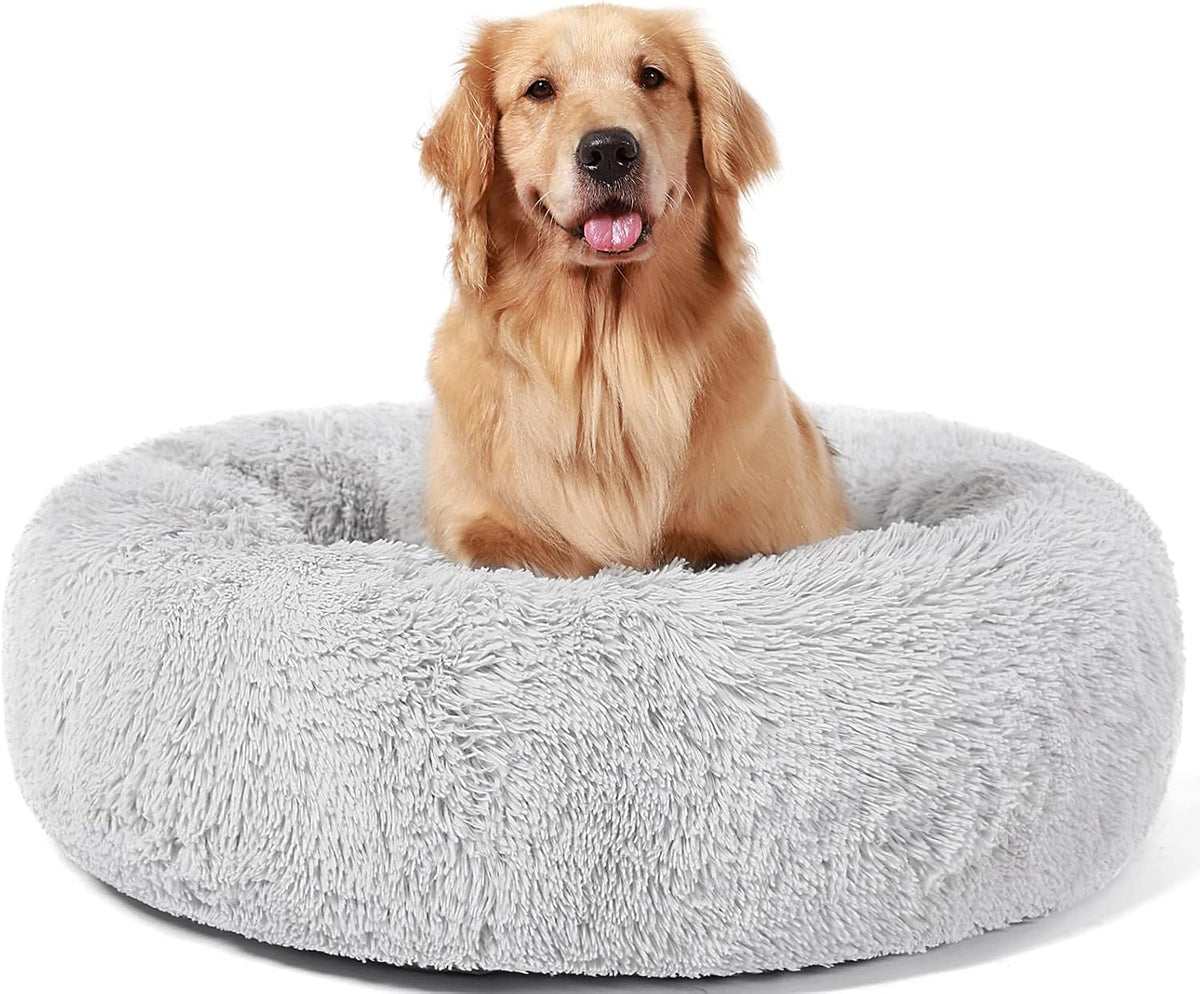Calming Donut Cuddler Dog Bed, Round Fluffy Pet Bed with Sewn-in Cushion for Large Dogs,Washable, Large, Taupe, 30''