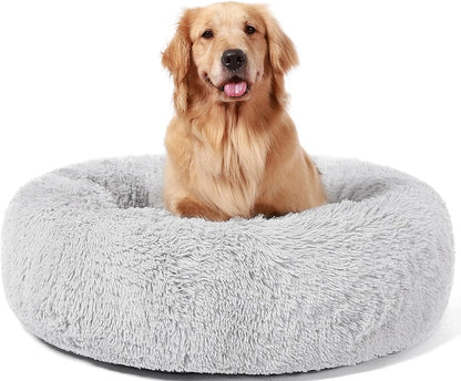 Calming Donut Cuddler Dog Bed, Round Fluffy Pet Bed with Sewn-in Cushion for Large Dogs,Washable, Large, Taupe, 30''