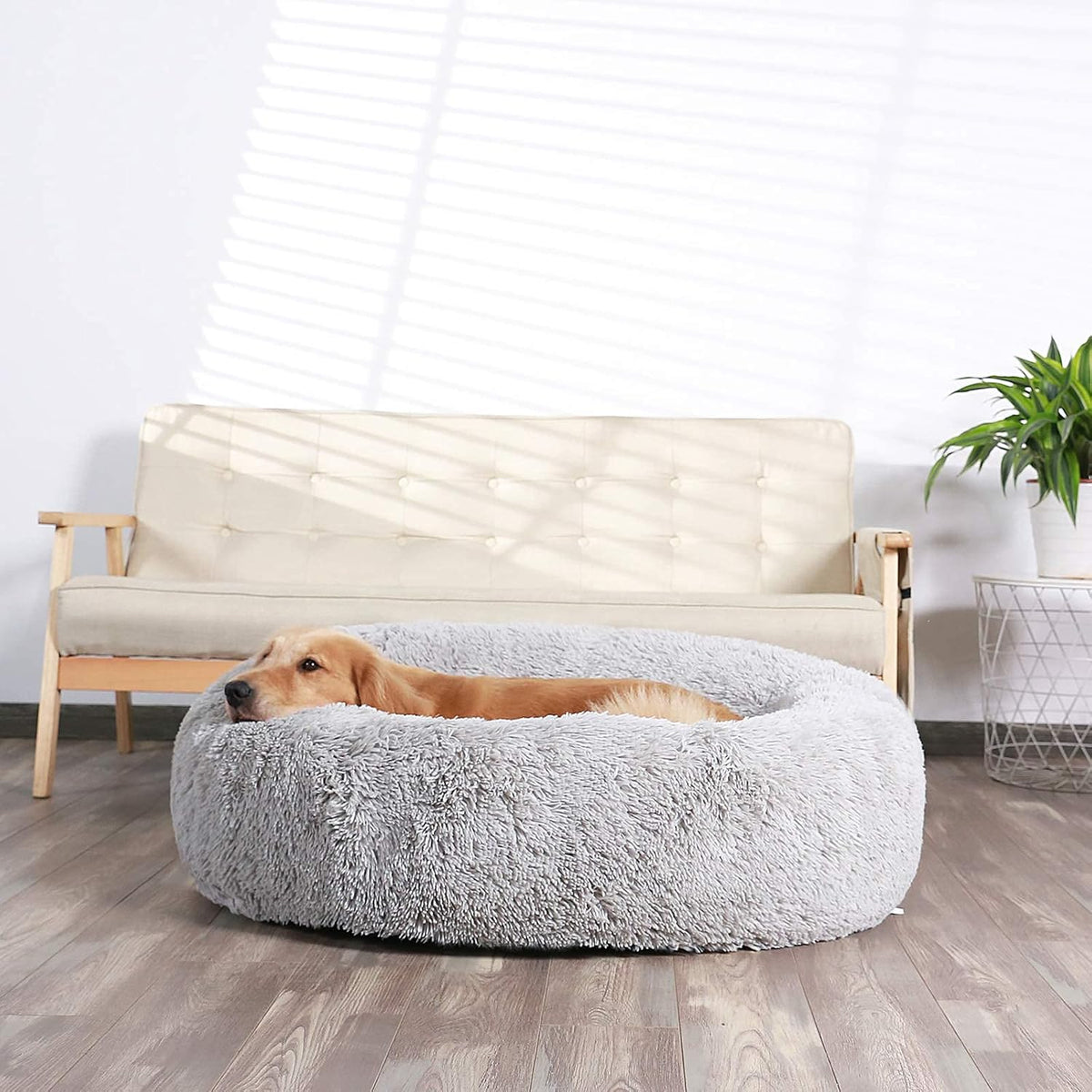 Calming Donut Cuddler Dog Bed, Round Fluffy Pet Bed with Sewn-in Cushion for Large Dogs,Washable, Large, Taupe, 30''