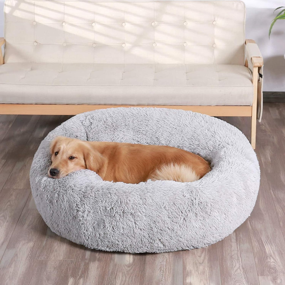 Calming Donut Cuddler Dog Bed, Round Fluffy Pet Bed with Sewn-in Cushion for Large Dogs,Washable, Large, Taupe, 30''