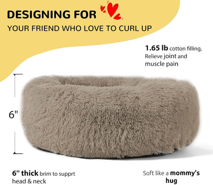 Calming Donut Cuddler Dog Bed, Round Fluffy Pet Bed with Sewn-in Cushion for Large Dogs,Washable, Large, Taupe, 30''