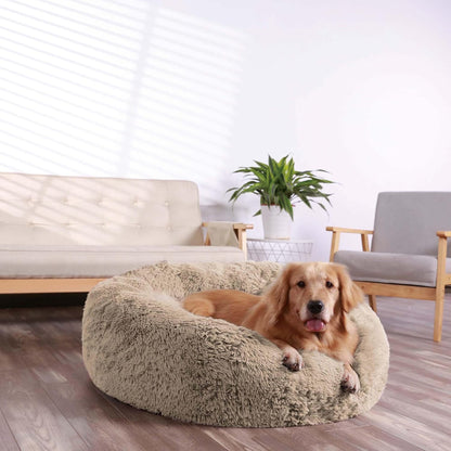 Calming Donut Cuddler Dog Bed, Round Fluffy Pet Bed with Sewn-in Cushion for Large Dogs,Washable, Large, Taupe, 30''