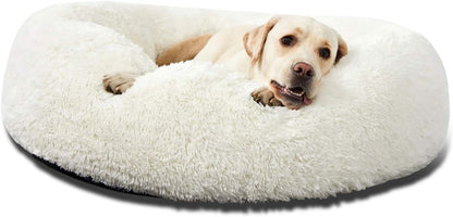 Calming Donut Cuddler Dog Bed, Round Fluffy Pet Bed with Sewn-in Cushion for Large Dogs,Washable, Large, Taupe, 30''
