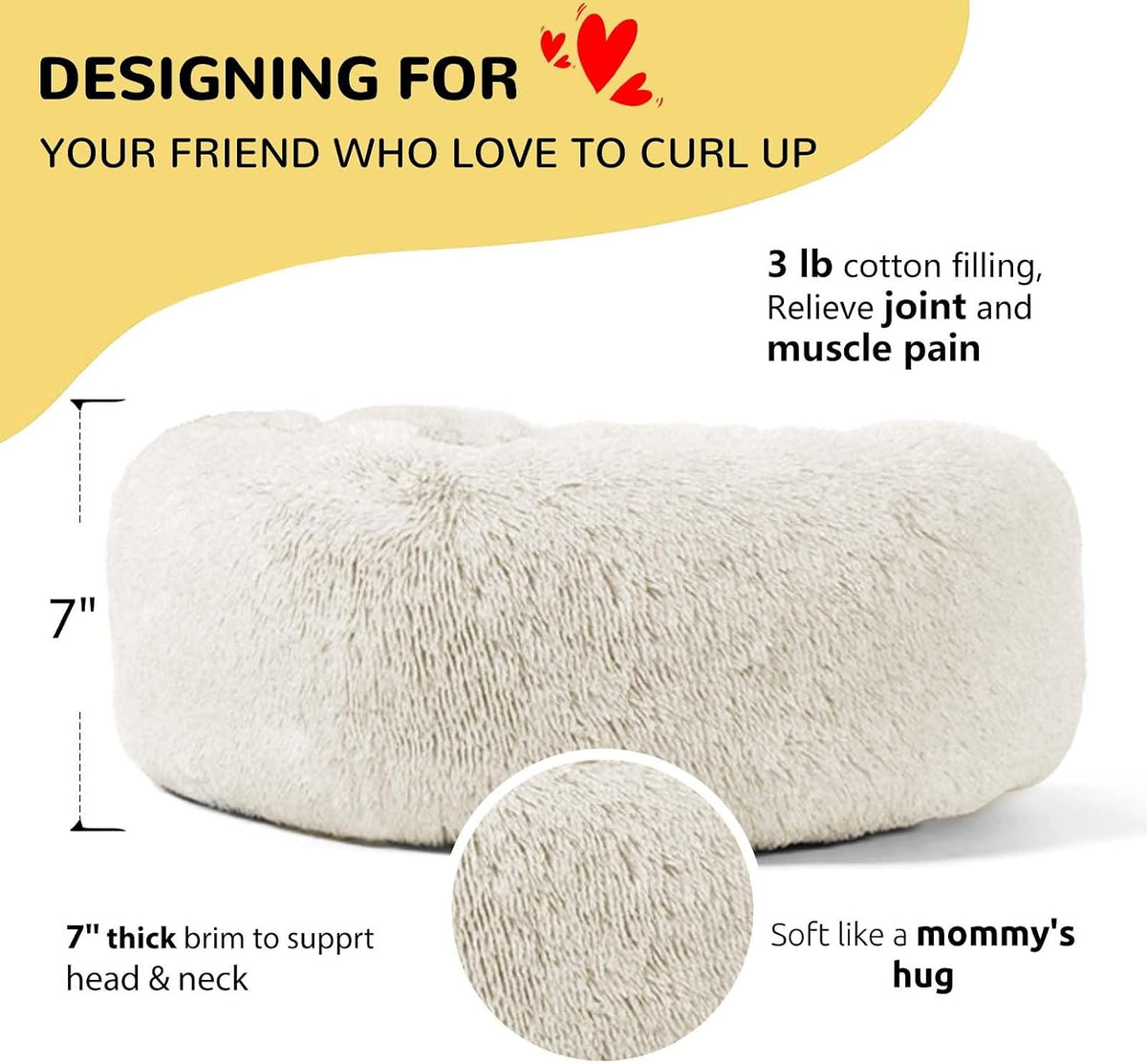 Calming Donut Cuddler Dog Bed, Round Fluffy Pet Bed with Sewn-in Cushion for Large Dogs,Washable, Large, Taupe, 30''