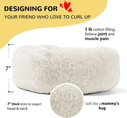 Calming Donut Cuddler Dog Bed, Round Fluffy Pet Bed with Sewn-in Cushion for Large Dogs,Washable, Large, Taupe, 30''