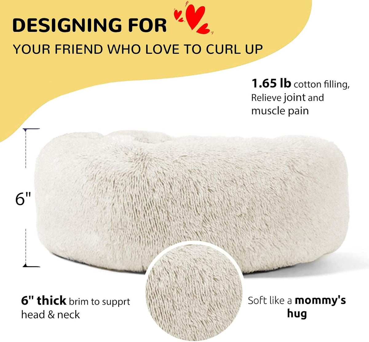 Calming Donut Cuddler Dog Bed, Round Fluffy Pet Bed with Sewn-in Cushion for Large Dogs,Washable, Large, Taupe, 30''