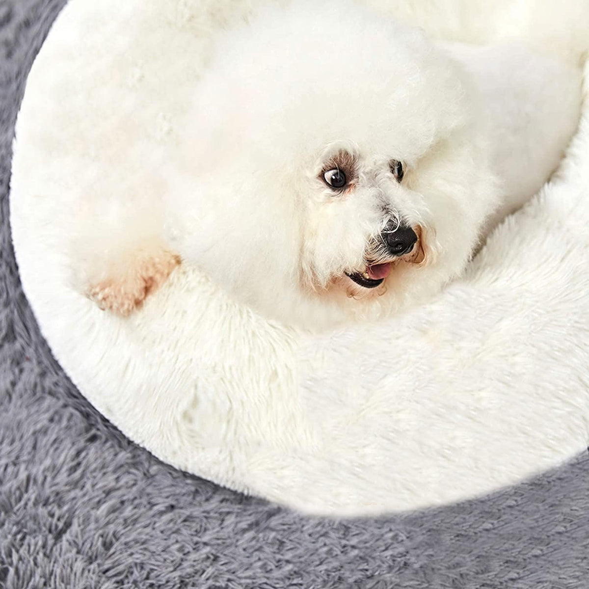 Calming Donut Cuddler Dog Bed, Round Fluffy Pet Bed with Sewn-in Cushion for Large Dogs,Washable, Large, Taupe, 30''