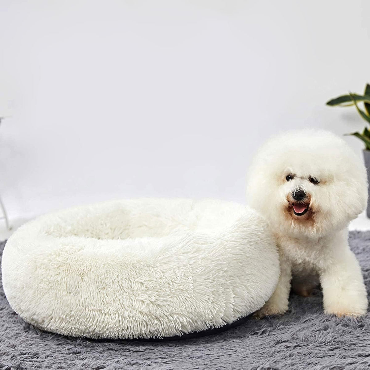 Calming Donut Cuddler Dog Bed, Round Fluffy Pet Bed with Sewn-in Cushion for Large Dogs,Washable, Large, Taupe, 30''