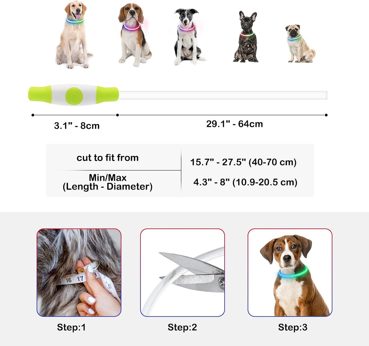 Light Up Dog Collar, USB Rechargeable, LED, Green+Blue