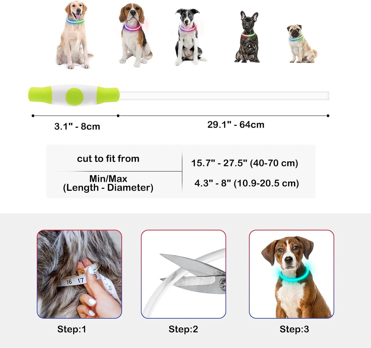 Light Up Dog Collar, USB Rechargeable, LED, Green+Blue