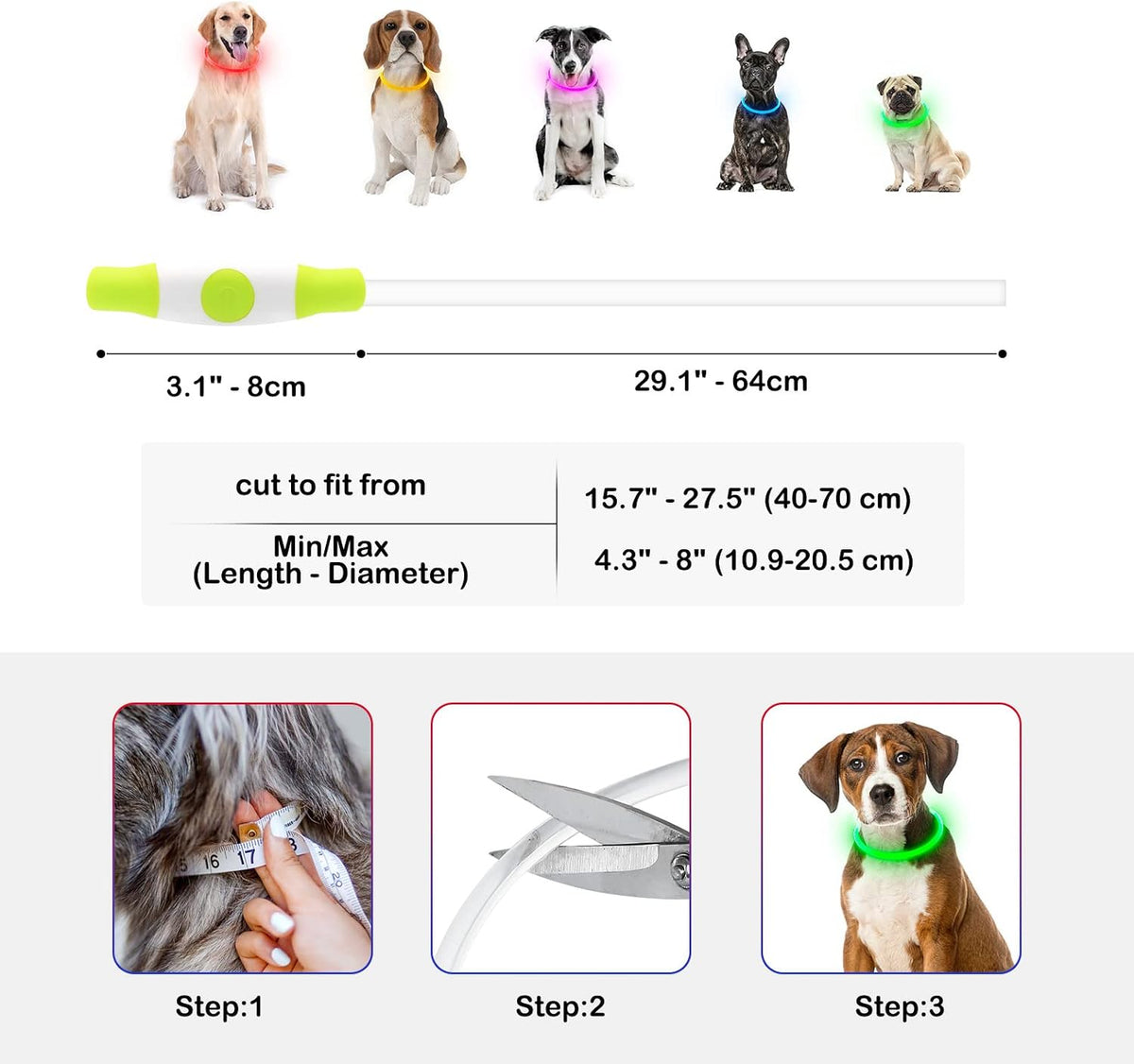 Light Up Dog Collar, USB Rechargeable, LED, Green+Blue