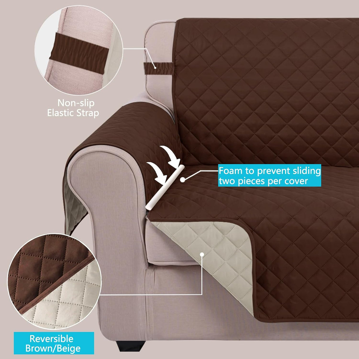 Reversible Sofa Cover Couch Cover for Dogs, Coffee/Beige | 68''Sofa Mat Washable, Pet Friendly, Elastic Straps, Water Repellent, Furniture Protector for 3 Cushion Couch - Colors B