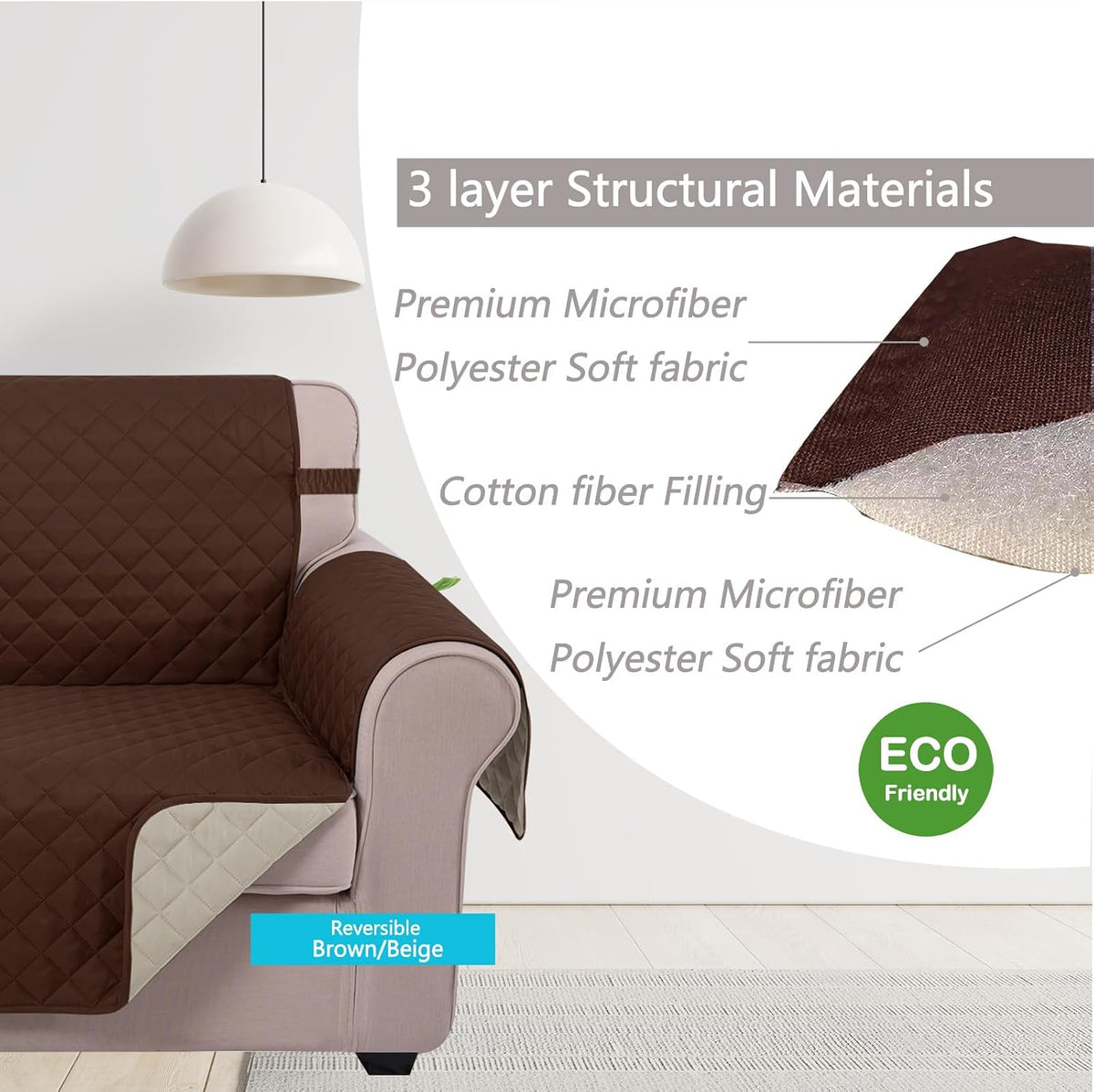 Reversible Sofa Cover Couch Cover for Dogs, Coffee/Beige | 68''Sofa Mat Washable, Pet Friendly, Elastic Straps, Water Repellent, Furniture Protector for 3 Cushion Couch - Colors B
